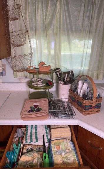 Large Kitchen Lot, Including Utensils, Lazy Susan and Linens
