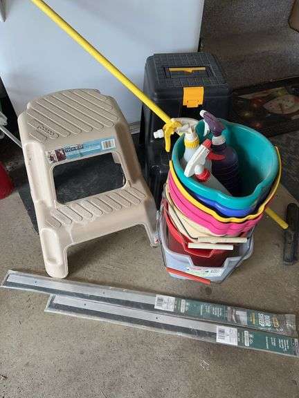 Two Cosco plastic stools, etc.