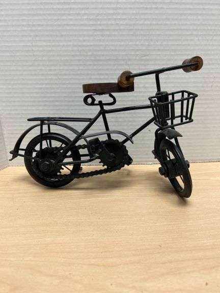 Metal Bicycle Figurine With Wooden Accents and Basket
