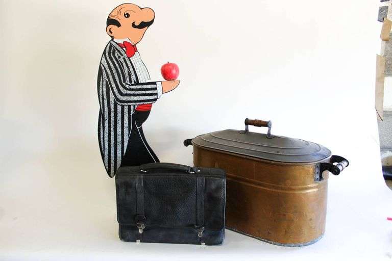 DECORATIVE WOODEN BUTLER FIGURE WITH WILSON’S LEATHER BRIEFCASE AND ...