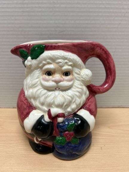 Santa Claus-Themed Ceramic Pitcher with Red and White Design, Approx. 6 Inches Tall