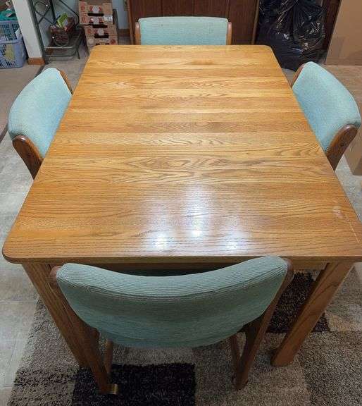 Wooden Table with Four Rolling Chairs, Includes Leaf