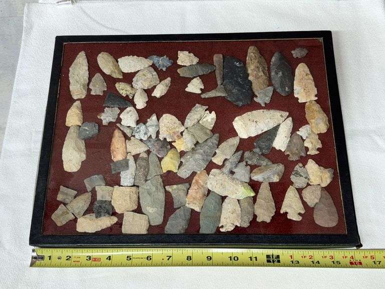Framed Collection of Varied Stone Arrowheads and Artifacts