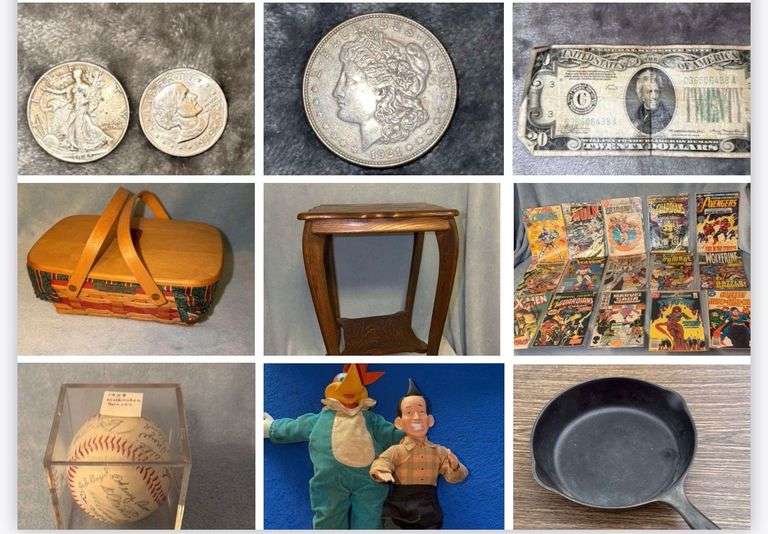 U.S. Currency, Longaberger, Baskets and Antiques 