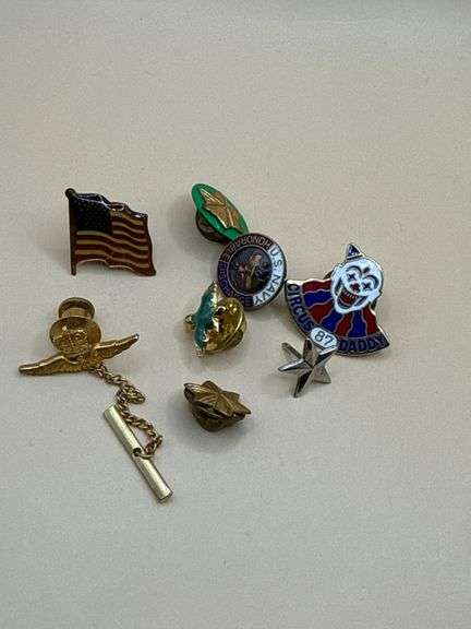 Vintage Military & Patriotic Lapel Pin Lot – U.S. Navy, Flag, Wings, Circus ’87 & More
