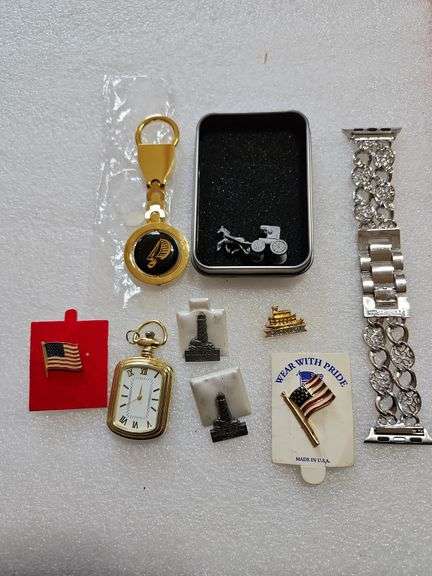 Assorted Pins, Metal Horse/Carriage, Watch Band, Etc.