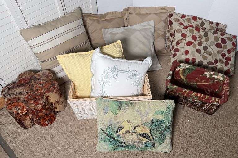 Decorative Pillows, Baskets and a Footstool