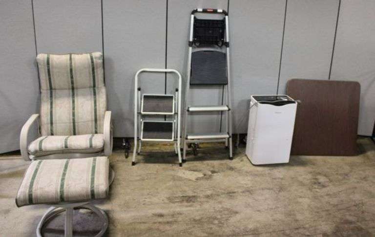 Chair with Ottoman, Two Step Ladders, Hisense Dehumidifier, and Folding Table