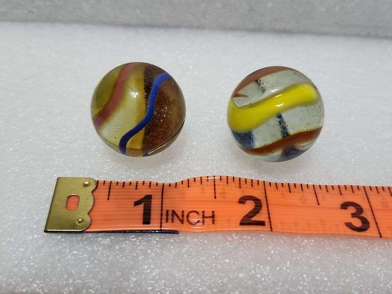 2 Vintage Clear/Blue/Yellow/Red Swirl Shooter Marbles