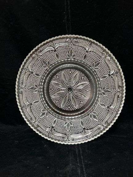 Pressed Glass Plate with Intricate Pattern, 11 Inches