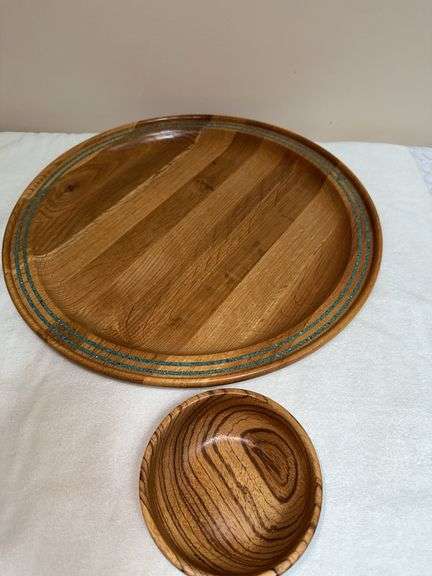 Huge handcrafted oak platter and small zebra style handcrafted bowl