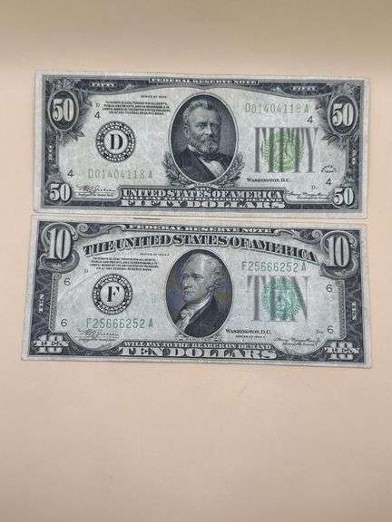 1934 & 1934A Federal Reserve Notes – $50 and $10 Bills – Green Seal U.S. Currency – Lot of 2