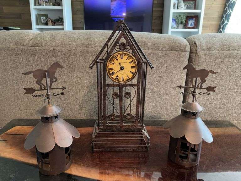 Poirot & Germain Saint Croix Paris Free-Standing Metal Cage Clock & 2 Metal Horse Weathervane candle