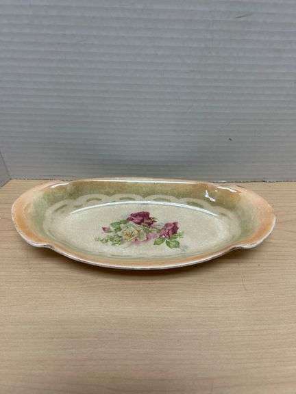 Vintage Floral Ceramic Oval Dish with Hand-Painted Design