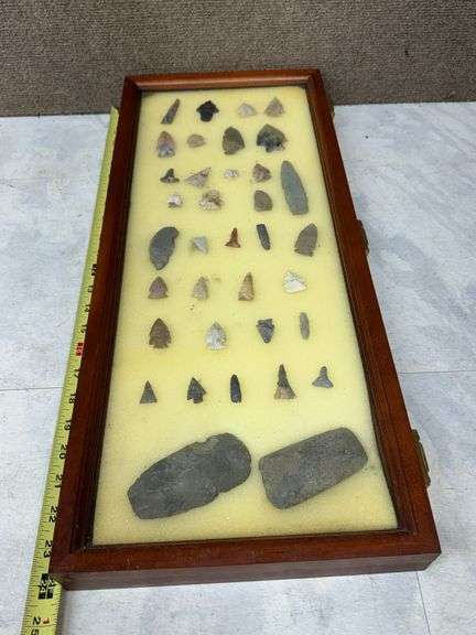Framed Collection of Stone Arrowheads and Tools in Display Case