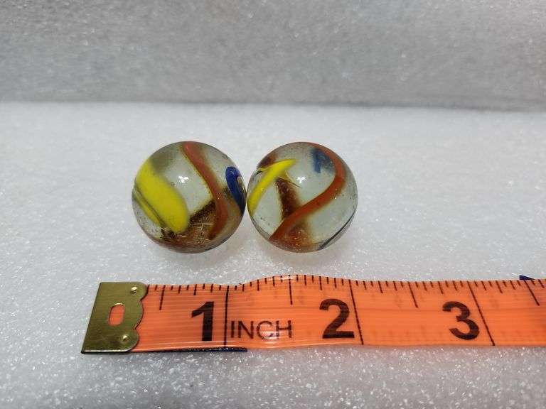 2 Vintage Clear/Blue/Yellow/Red Swirl Shooter Marbles