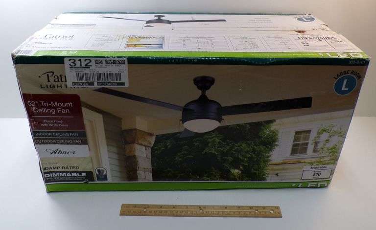 New in The Box Abner 52" Tri-Mount Ceiling Fan With Black Finish And White Glass