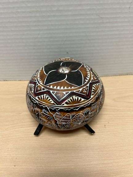 Handcrafted Gourd Nativity Scene with Painted Exterior and Tripod Base