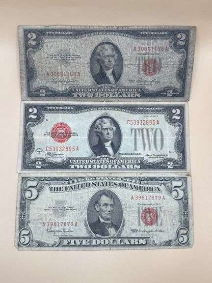 Red Seal U.S. Notes – $2 & $5 Bills – Lot of 3 – 1953A & 1963A Series