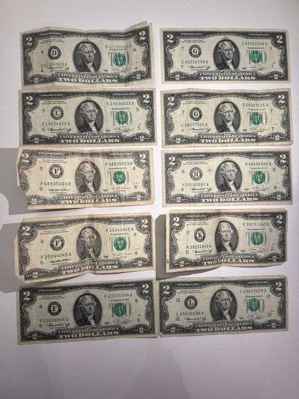 $2 Federal Reserve Notes – Green Seal Circulated U.S. Currency – Lot of 10