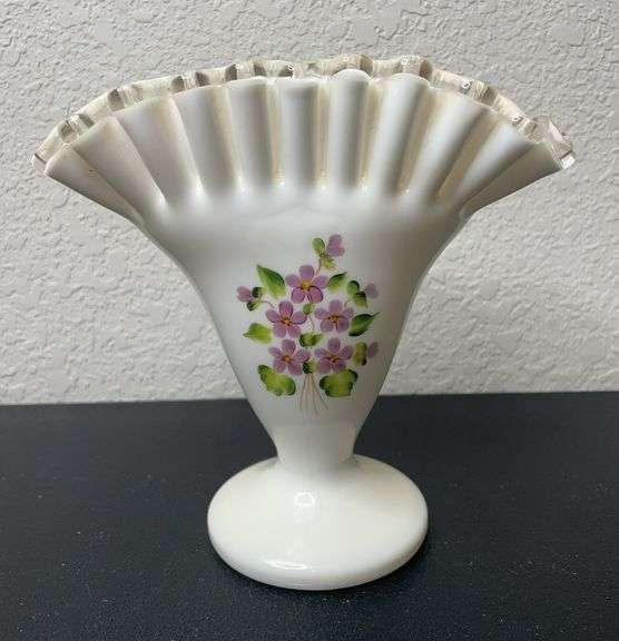 Fenton Hand-Painted Milk Glass Vase – Hobnail Fan Style, Ruffled Edge
