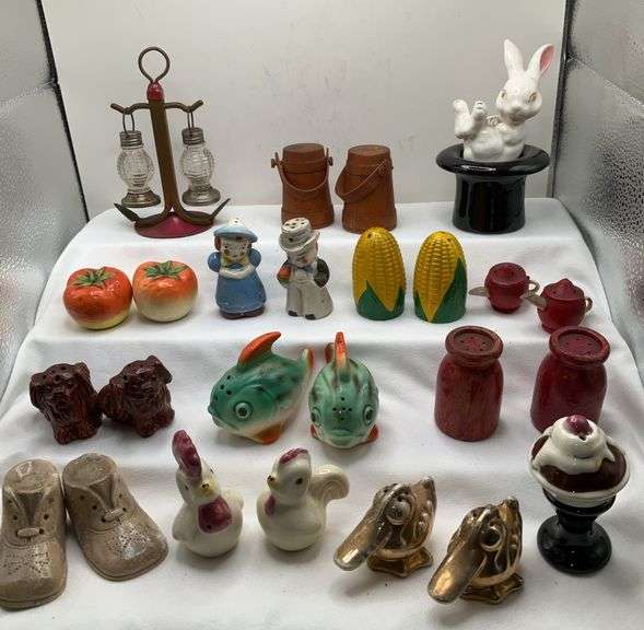 Vintage Salt and Pepper Shakers, Including Hat and Rabbit, Rooster, Fish, Ice Cream Sundae and More