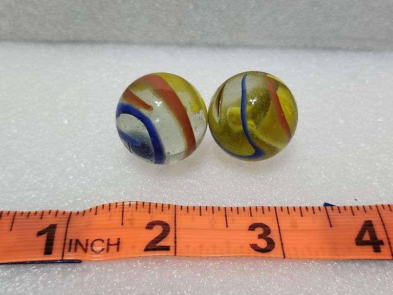 2 Vintage Clear/Blue/Yellow/Red Swirl Shooter Marbles