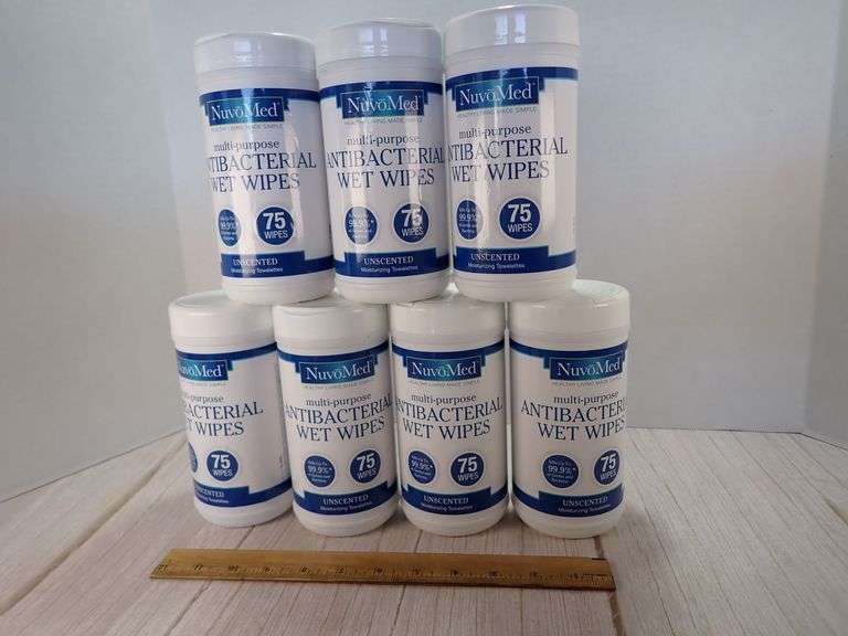 SEALED NuvoMed Antibacterial Wet Wipes, Unscented, 7 Canisters 75 Wipes per.