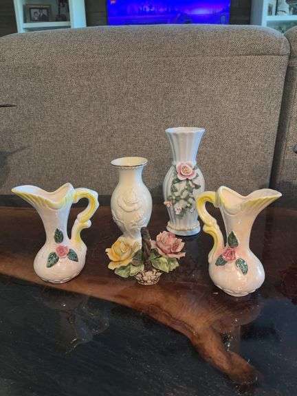 4 Vintage Floral Bud Vases plus Capodimonte porcelain flower basket