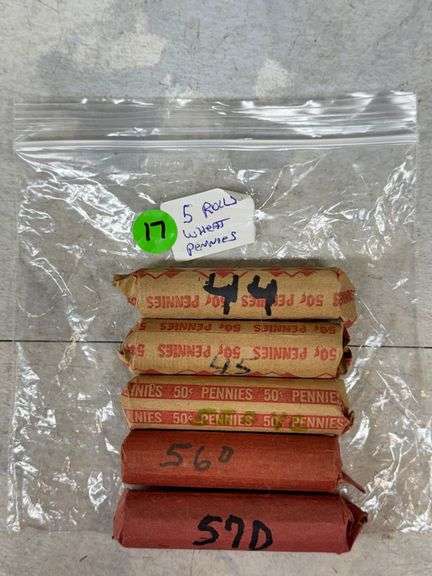Five Rolls of Wheat Pennies in Paper Wrappers