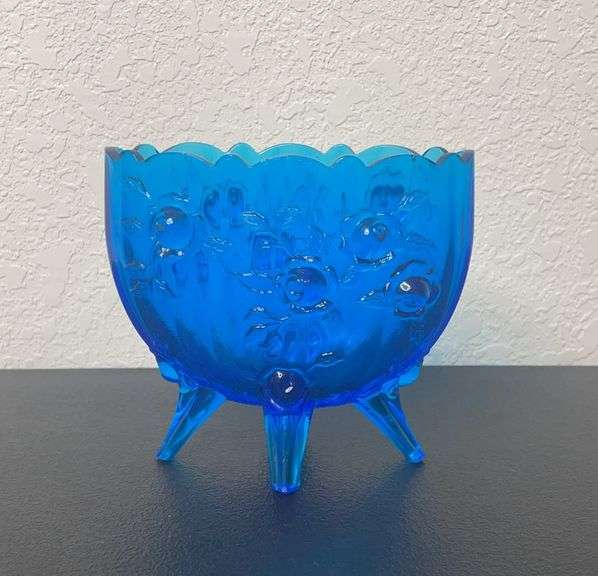 Vintage Cobalt Blue Pressed Glass Rose Pattern Bowl on Three Feet – 5"