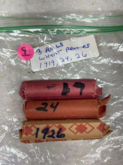 Three Rolls of Wheat Pennies, 1919, 1924, 1926