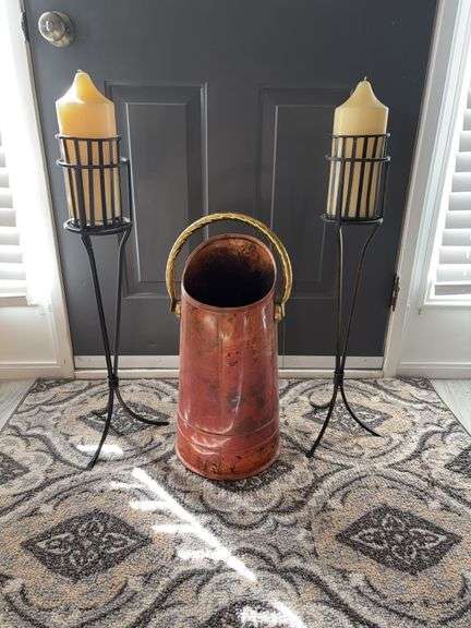 Antique copper & brass coal scuttle/bucket & 2 metal pillar candle holders w/ candles.