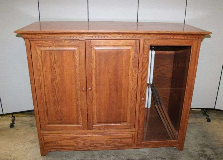 Wooden Media Cabinet With Sliding Shelf and Glass Door