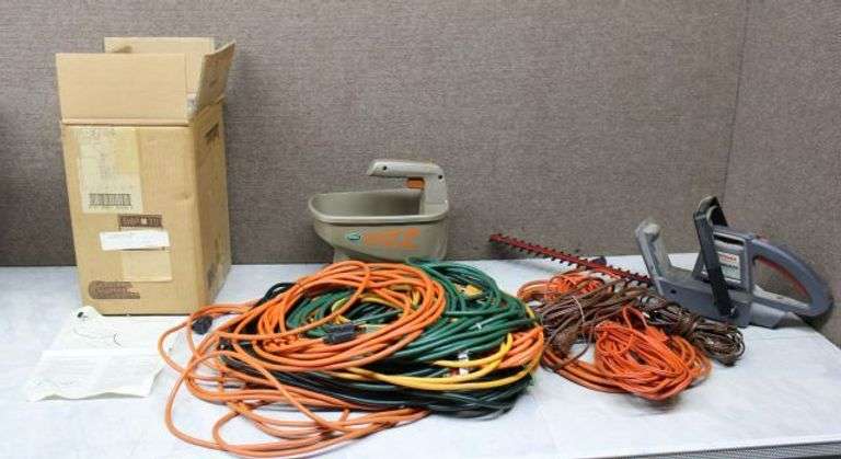 Extension Cords, Scotts Wizz, Craftsman Hedge Trimmer, and Kichler Lighting Fixtures in Box
