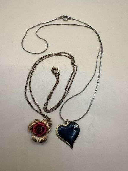Lot of 2 Vintage Necklaces – Black Enamel Heart Pendant & Red Rose Flower Pendant