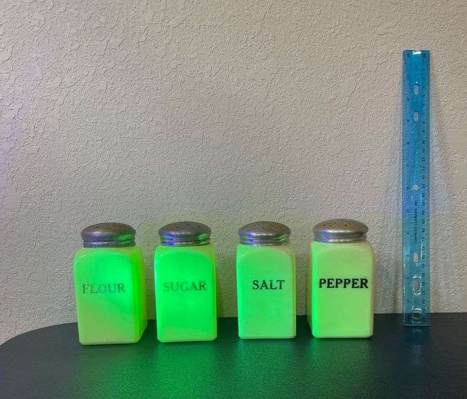 Set of 4 Uranium Jadeite Range Shakers – Sugar, Flour, Salt & Pepper