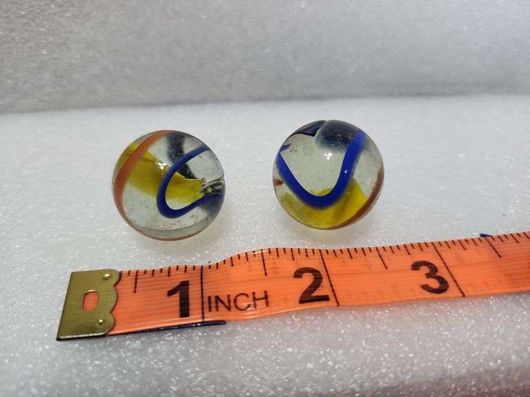 2 Vintage Clear/Blue/Yellow/Red Swirl Shooter Marbles