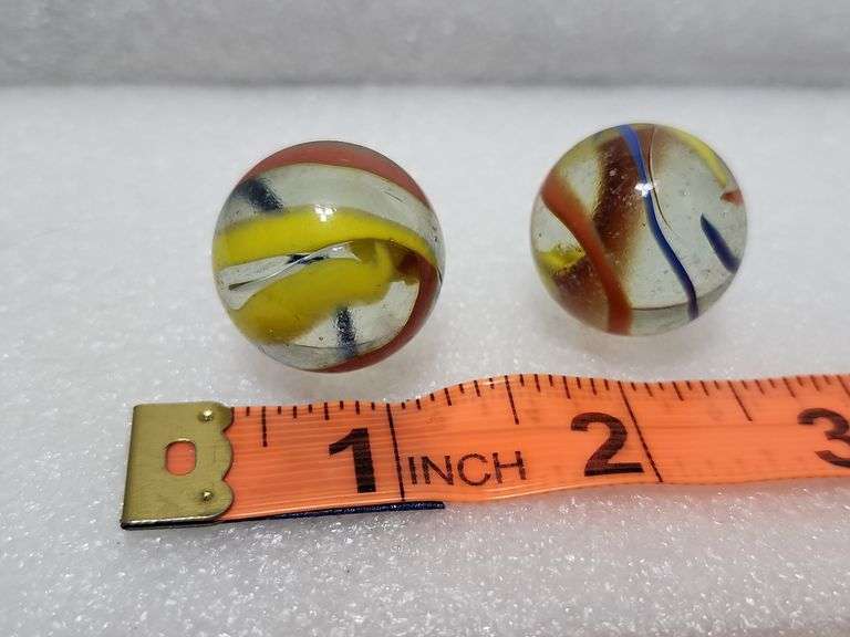 2 Vintage Clear/Blue/Yellow/Red Swirl Shooter Marbles