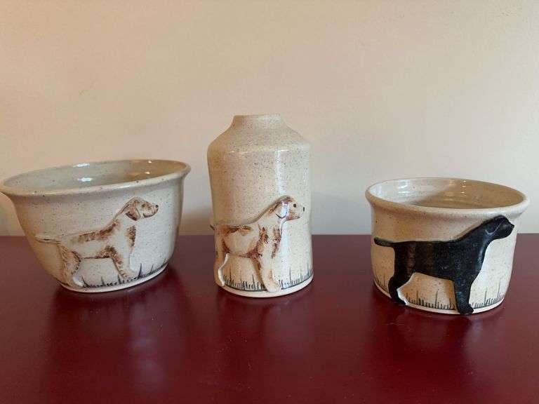 Artisan pottery - dog themed - bowls + vase