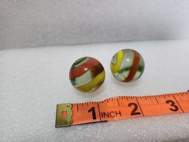 2 Vintage Clear/Green/Yellow/Red Swirl Shooter Marbles