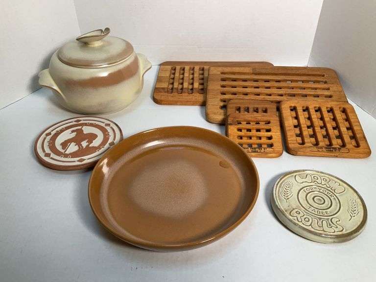 Vintage Frankoma Bean Pot, Trivet, Pie Plate and Hand Crafted Wooden Trivets