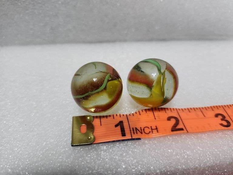 2 Vintage Clear/Green/Yellow/Red Swirl Shooter Marbles