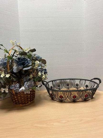 Decorative Basket with Artificial Flowers and Woven Metal-Frame Accent Basket