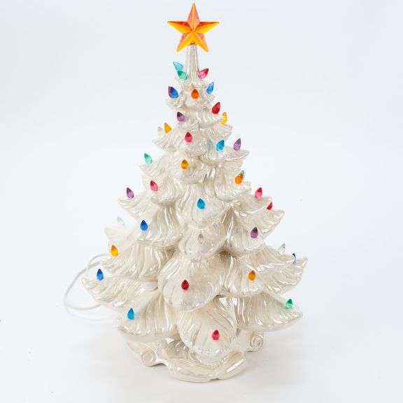Vintage White Ceramic Christmas Tree with Multi-Colored Lights