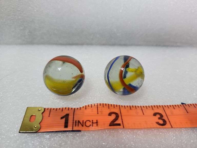 2 Vintage Clear/Blue/Yellow/Red Swirl Shooter Marbles