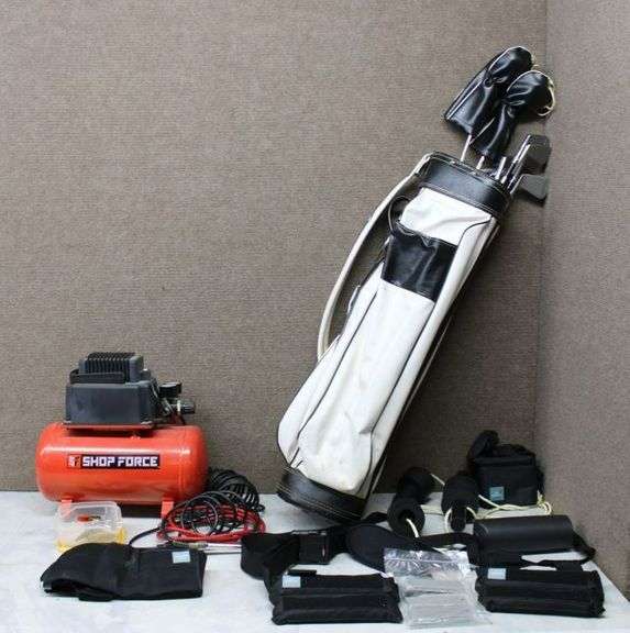 Shop Force Air Compressor, Weighted Fitness Equipment, and Fairway Golf Bag With Clubs