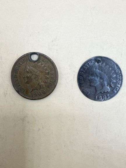 (2) Indian Head Pennies – 1887 & 1900 – One Holed, Early U.S. Cents