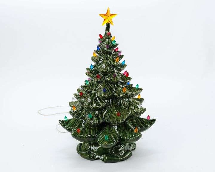 Vintage Green Ceramic Christmas Tree with Multi-Colored Lights.