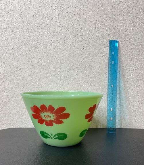 Fire-King Jadite Mixing Bowl – Red Flower Design – 7” Anchor Hocking Oven Ware